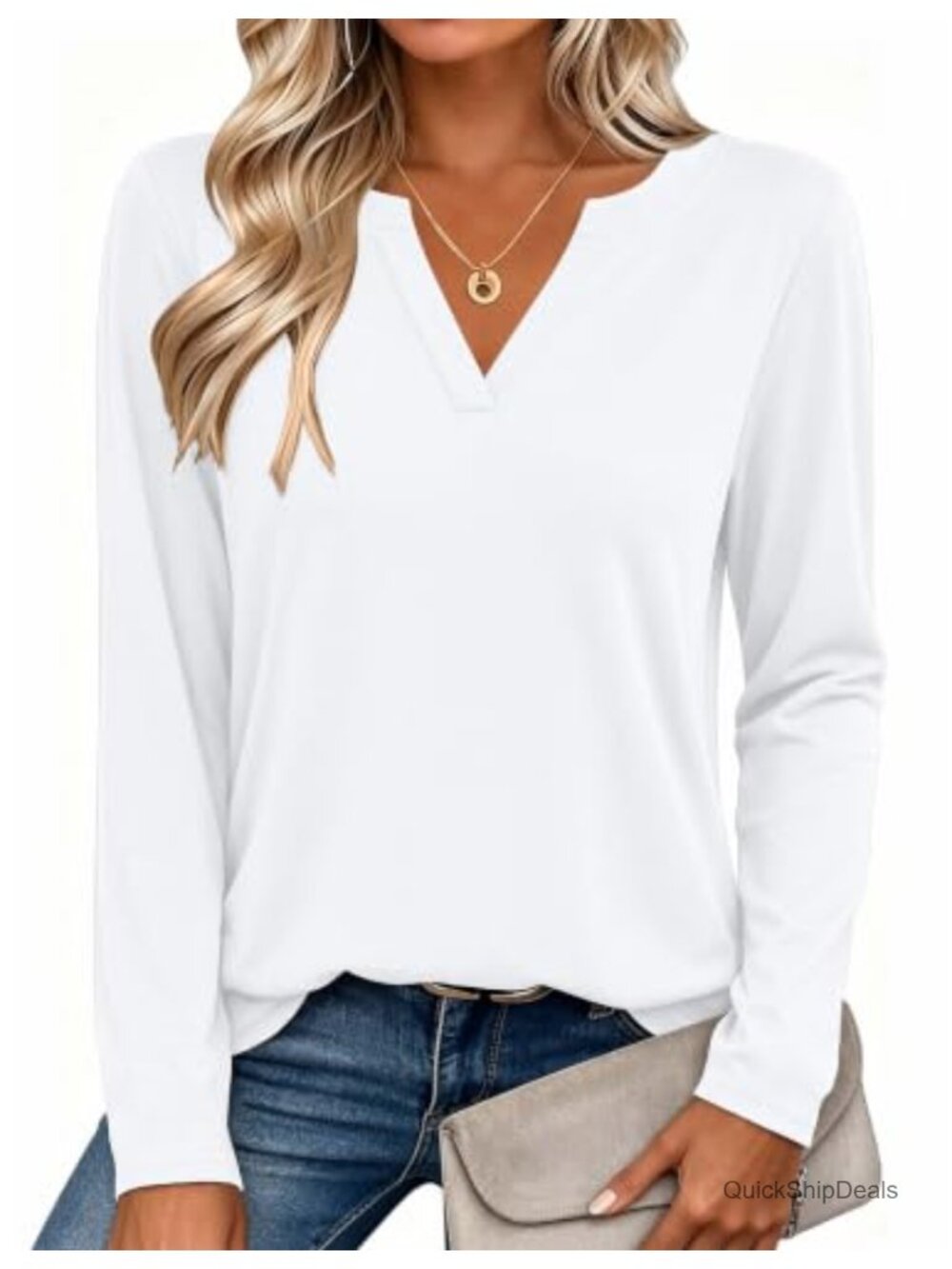 Womens Long Sleeve V Neck Tunic Top Polyester Spandex Tee